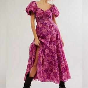 Free People Sundrenched Smocked Puff Sleeve Maxi Dress - Floral Wisteria Size L